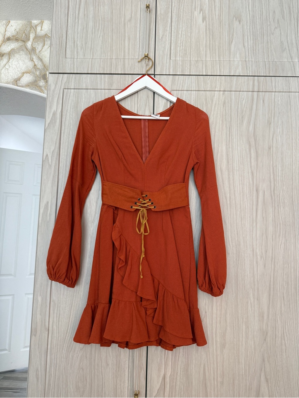Selfie Leslie Gorgeous Burnt Orange Long-Sleeve Ruffle Dress with Lace-Waist